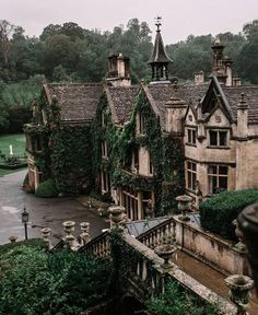 an old house with ivy growing all over it's walls and roof, surrounded by greenery