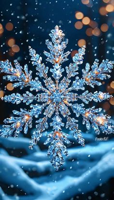 a snowflake is shown in front of some blurry lights and blue hands