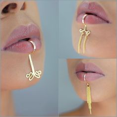 Turn heads in this one of a kind handmade lip cuff set!  The "Virgo" collection features three different unique styles! All inspired by the practical but pure energy of the Virgo.  All 3 styles are Ruby Moon original designs! These Lip cuffs are made with thick and sturdy tarnish resistant gold, rose gold, bronze or silver wire. No piercing is needed for this style! The lip hugger design is comfortable and easy to wear while talking and drinking. These faux piercing lip cuffs are fully adjustabl Unique Body Jewelry, Wire Body Jewelry, Lip Cuff Jewelry, Eat Cuffs, Facial Jewelry, Unique Loc Styles, Lip Cuffs, Piercing Lip, Lip Jewelry