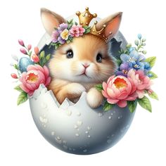 a cute little bunny in an egg with flowers and a crown on it's head