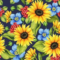 sunflowers and berries are painted on a blue background