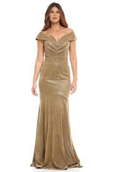 Off The Shoulder Ruched Fit And Flare Gown Fit And Flare Gown, Flare Gown, Shoulder Stretch, Pleated Bodice, Mermaid Gown, Metallic Gold, Perfect Dress, Fit And Flare, Evening Gowns