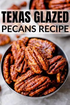 a bowl filled with pecans on top of a table