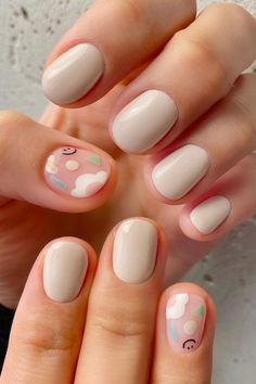 Spring Nail Art Aesthetic, Strawberry Manicure Nails, Spring Gelish Nails, Korean Gel Nails Simple, Minimal Spring Nails, Kawaii Nails Short, Super Short Nails Ideas, Korean Nails Short, Korean Spring Nails