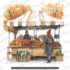 a watercolor painting of people shopping at an outdoor fruit and veggie market