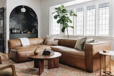 a living room filled with furniture and a potted plant