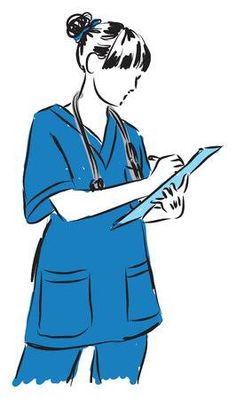 a woman in scrubs writing on a clipboard