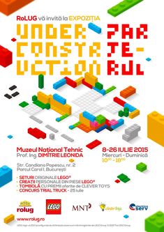 the poster for an art exhibition with legos and blocks in different colors on it