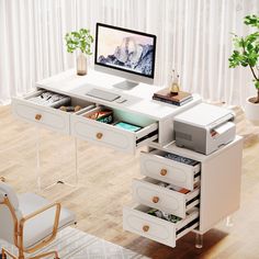 a desk with drawers and a computer on it