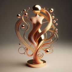 an artistic golden sculpture is displayed on a white surface with bubbles and swirls around it