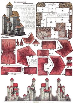 an old paper model of a castle with lots of red and white details on it