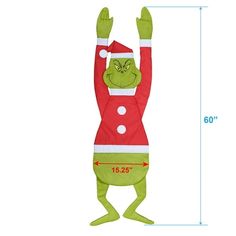 the grinch costume is shown with measurements for it's body and arms, as well as feet