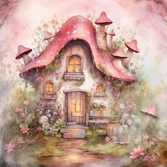 a painting of a fairy house with pink roof