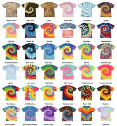 tie - dyed t - shirts with different colors and designs on them, all in various sizes