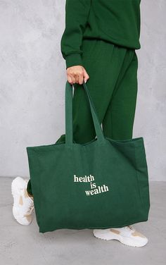 Health Is Wealth, Green Tote Bag, Green Tote, Oversized Tote Bag, Oversized Tote, Canvas Designs, Black Tote, Merchandise Design