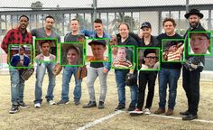 a group of people standing next to each other on a baseball field with pictures of them