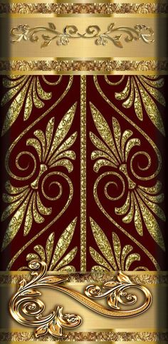 a red and gold wallpaper with ornate designs on the side, along with an intricately designed border