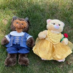 two teddy bears dressed as princesses laying in the grass together, one is wearing a yellow dress and the other has a red rose