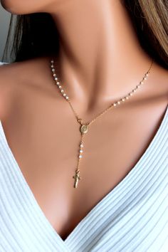 White Opaque Crystal Gold Rosary Necklace 14kt Gold Filled Womens Rosaries Goldfilled Miraculous Med White Cross Necklace With Adjustable Chain, Elegant White Crucifix Necklace, Elegant White Cross Necklace With Adjustable Chain, White Lariat Necklace As Gift, Dainty White Cross Necklace, Spiritual White Cross Jewelry, White Crucifix Jewelry For Wedding, Handmade White Lariat Necklace As Gift, Adjustable White Cross Necklace