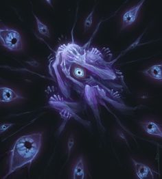 an abstract painting with blue eyes and purple feathers in the center, looking up at the viewer