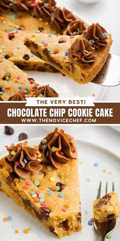 the very best chocolate chip cookie cake is cut in half and ready to be eaten