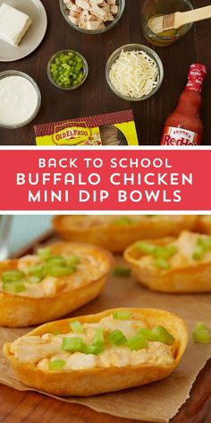 buffalo chicken mini dip bowls on a cutting board with ingredients for the recipe and instructions to make them