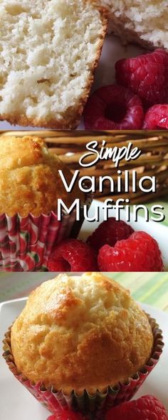 some raspberries and muffins on a white plate with the words simple vanilla muffins