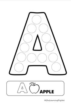 the letter a is for apple coloring page with an apple on top and dots in the middle