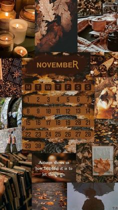 a collage of pictures with candles, books and autumn leaves on the cover is shown