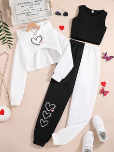 Teen Girls' Short Heart Print Hoodie With Vest And Black & White Heart Printed Pants Casual 3-Piece Set Multicolor Casual  Long Sleeve Fabric Colorblock,Geometric,Heart  Non-Stretch,Medium Stretch  Teen Girls Clothing, size features are:Bust: ,Length: ,Sleeve Length: Teenage Clothes Ideas, Cute Accessories For School, Cute Winter Clothes For Women, Black Cute Clothes, Outfit Ideas For 11 Yrs Old Girl, Cute Fits For 10-12, Cute Outfits For 11 Yrs Old Girl, Cute Outfits For 10 Years Girl, Cute Clothes Ideas For School