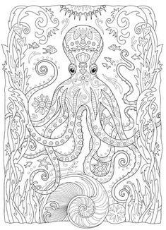 an octopus in the ocean with swirls and waves on it's back coloring page