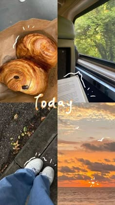 there is a collage of pictures with the words today and two croissants