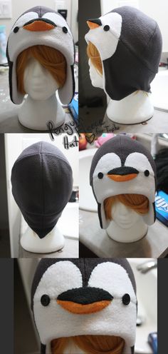 four different pictures of a penguin wearing a hat