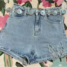 Jean Denim Shorts With Butterfly Cut Out With Rhinestone Gems In Butterfly Shape. Some Stretch, But Fits True To Size. Butterfly Shorts Outfit, Hot Pink Butterfly Shorts, Trendy Butterfly Shorts, Blue Rhinestone Shorts, Rhinestone-embellished Short Denim Bottoms, Butterfly Shape, Jean Shorts, Cut Out, Denim Jeans