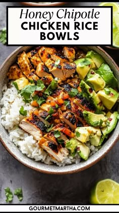 Spice up your weeknight dinners with these mouthwatering Honey Chipotle Chicken Rice Bowls! The perfect balance of sweet and spicy flavors, these bowls are ideal for quick, healthy meals or meal prepping. Packed with tender chicken, fluffy rice, and vibrant veggies, it’s a satisfying dish the whole family will love.  #HoneyChipotleChicken #SpicyChickenRecipe #RiceBowlRecipe #MealPrepIdeas #EasyWeeknightDinners #HealthyChickenRecipes #SweetAndSpicyChicken #ChipotleChicken #QuickDinnerIdeas #... Chicken Rice Protein Bowl, Chicken Avocado Dinner Recipes, Chicken Buddha Bowl Recipe, Clean Eating Rice Bowls, Honey Lime Chicken Bowl, Honey Chipotle Chicken Rice Bowl, High Protein Chicken Bowl, Chicken Rice Bowls Mexican, High Protein Quick Dinner