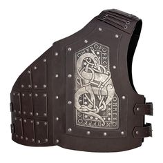 a black leather vest with an intricate design on the front and side, made out of metal