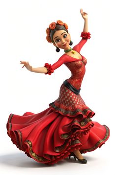 a figurine of a woman wearing a red dress and holding her arms out in the air