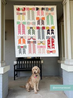 a dog is sitting in front of a quilt