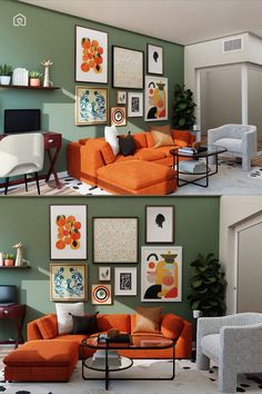 two pictures of a living room with orange couches and art on the green wall