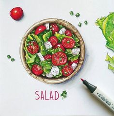 a drawing of a salad in a bowl with tomatoes and lettuce on it