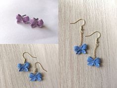 crocheted butterfly earrings and chain on wooden table