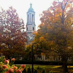 a clock tower in the middle of a park with flowers and trees around it on an overcast day