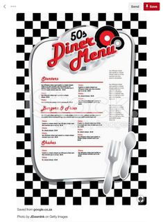 a restaurant menu with checkered background and fork, knife and spoon on the side