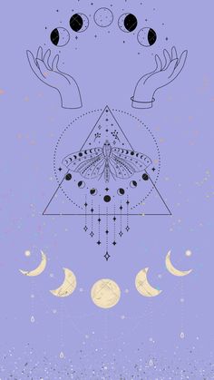 two hands are reaching for the moon in this graphic art work, which includes phases and symbols