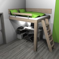 there is a loft bed with stairs to the top and green pillows on the bottom