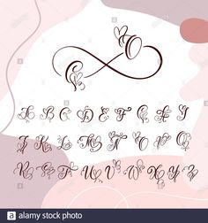 an elegant font with swirls and hearts in the style of calligraphy on a pink background