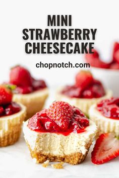 Mini strawberry cheesecake is easy to make and delicious! They have a creamy cheesecake filling, buttery graham cracker crust, and tangy strawberry sauce. #MiniCheesecake #MiniStrawberryCheesecake #MiniDesserts #EasyDesserts #QuickDesserts #FastDesserts #NoBakeDesserts Cheesecake Strawberry Sauce, Mini Strawberry Crunch Cheesecake, Mini Strawberry Cheesecake No Bake, Mini Strawberry Crunch Cheesecake Bites, Mini Strawberry Cakes, Mini Strawberry Cheesecake Bites, Mini Strawberry Cheesecake Cups, Mini Strawberry Cheesecake Recipes, Little Cheesecakes