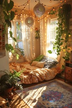 - https://howcandothis.com/homedecoration/255486/ Accented Neutral Room, Plant Room Boho, Cozy Rooms With Plants, Boho Plants Bedroom, Bedroom Light Floor, Boho Led Lights Bedroom, Green Color Bedroom Ideas, Fairy Cottagecore Bedroom, Nature Core Room