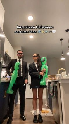 two people standing in a kitchen holding green balloons with the words last minute halloween costume idea