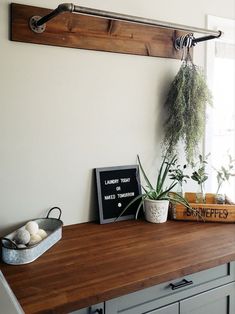 a wooden shelf with some plants on it